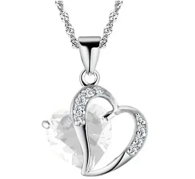 925 Sterling Silver Plated Crystal Heart Pendant Necklace Women Jewellery Gift • £3.49