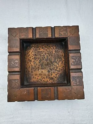 Vintage Arts & Crafts Astrology Ash Tray Copper & Wood Zodiac Signs  • $19.99