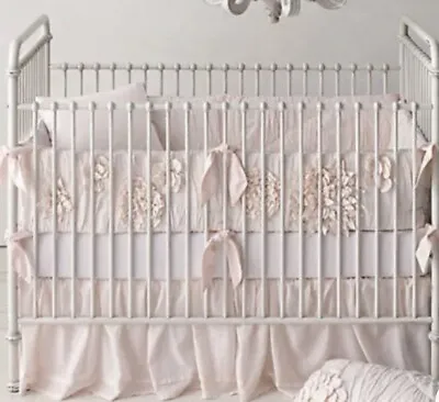 Restoration Hardware Baby & Child Pink/White 100% Organic Linen Crib Dust Ruffle • $18