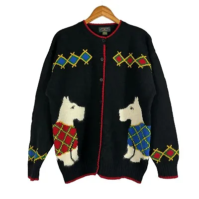 Charter Club Vintage Wool Knit Scottie Dog Holiday Argyle Cardigan Women's Large • $26.24