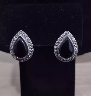 925 Sterling Silver Teardrop Onyx Marcasite Stud Post Earrings 6.7g CLEAN! • $8.49