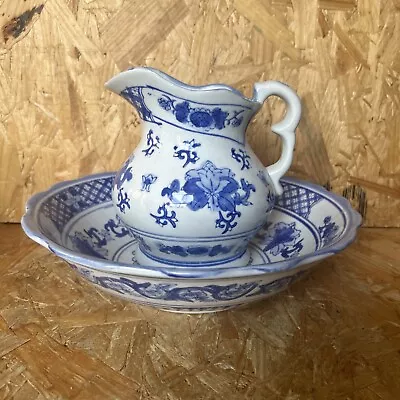 Vintage Chinese Candlelight Blue White Chinoiserie Wash Stand Jug Pitcher & Bowl • £35