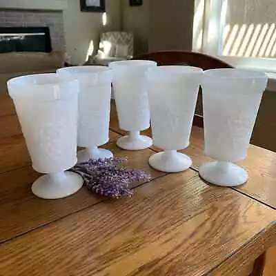 Milk Glass Embossed Grape Pedestal Goblets/Tumblers 8 Ounce Set Of 5 • $32.99