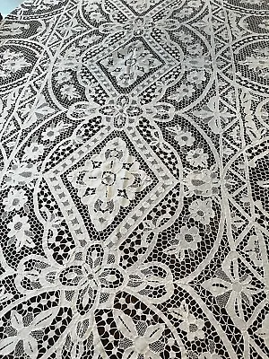 Antique Hand Made Needle Lace Banquet Tablecloth  122  X 65  Bright White • $600