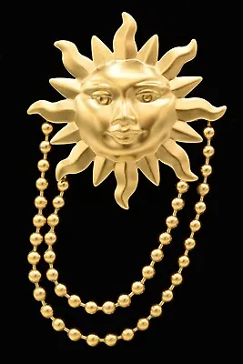 Vintage Sun Pin Brooch Antiqued Gold Metal Chain Face Lightweight NOS 80s BinA4 • $9.56