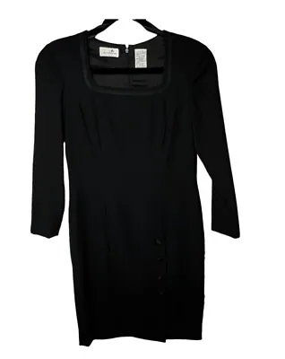 Vintage Liz Claiborne Dress Womens 4 Black Square Neck Fitted Pencil Long Sleeve • $17.06