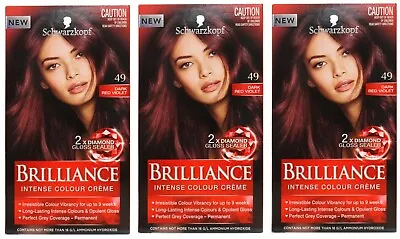 3 X SCHWARZKOPF BRILLIANCE PERMANENT HAIR COLOUR 49 DARK RED VIOLET BRAND NEW • $29.99