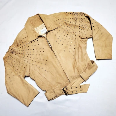 $35 • Buy Vintage VAKKO Suede Leather Tan Cream Crop Rivet Biker Jacket Coat + Belt Medium