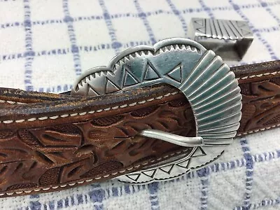 Vogt Top Grain Leather Handmade Sz 36 Belt & Mexican Sterling Silver Buckle Set • $275