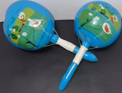 Vintage MEXICO MARACAS Hand Painted Mexican Gourd  Shaker Set Of 2 Blue/Flamingo • $20