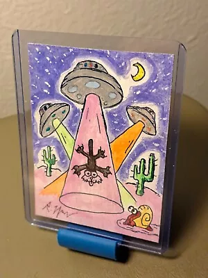 Aceo Original Artcard Acrylics Ink  Cat & Ufo  ROSWELL Area51 (OOAK) 1/1 Signed • $33