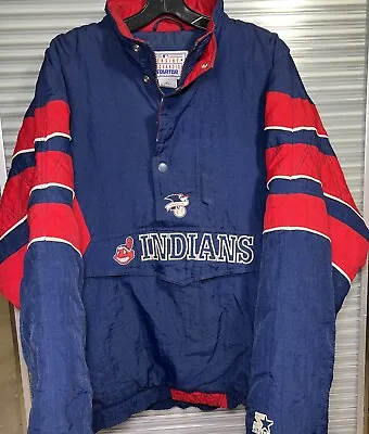 Vintage 90s Cleveland Indians Starter Puffer Pullover Jacket - Sz L - Wahoo • $99.99