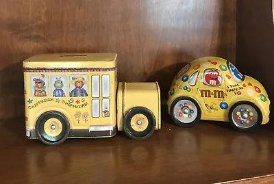 Two Candy Car Tins Yellow Bus Bank & Volkswagen Bug M&M Vintage Lot • $15