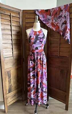 Vintage 1960s Halter Dress Abstract Print Maxi Summer Spring  Dress • $20