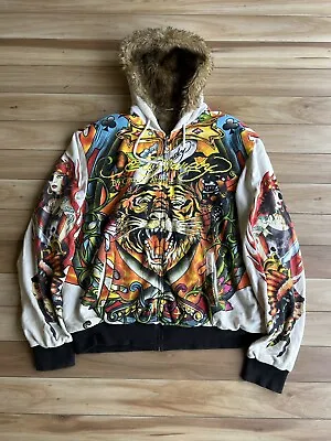 2000s Ed Hardy Faux Fur All Over Print Hoodie • £284.98