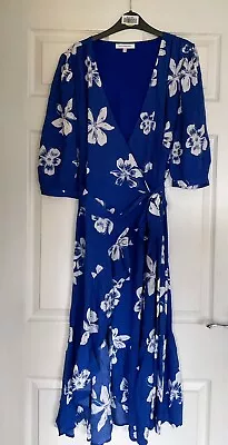 Kaleidoscope Size 12 Blue Floral Print Wrap Frill Trim DRESS 3/4 Sleeve • £6.95