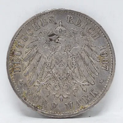 1907-S Germany Prussia 5 Mark Funf Reich .900 Silver Wilhelm II (cn12540) • $45