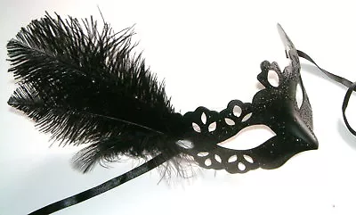 Venetian Masquerade Ball Ladies Black Ornate Ostrich Feather Hen Party Masks  • £7.99