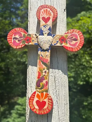 Painted Wood Cross 3D Mexico Handmade Milagro 9x6 Perpetuo Socorro Heart A50 • $26.90