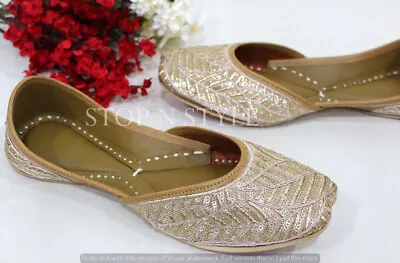 Punjabi Jutti Bridal Shoes  Jooti Sequins Work Ethnic Mojaris Flat Sandal HH508 • $44