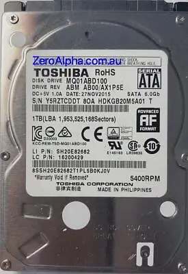 MQ01ABD100 Toshiba Donor Hard Drive AX1P5E 27 NOV 2015 • $249