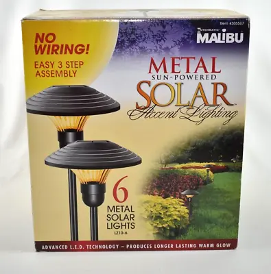 Malibu Set Of 6 LZ10 Metal Sun Powered Solar Flare Lights 305567 NEW Open Box • $69.99
