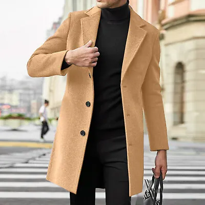 Men Single Breasted Trench Coat Winter Pea Coat Notch Lapel Long Casual Overcoat • $31.21