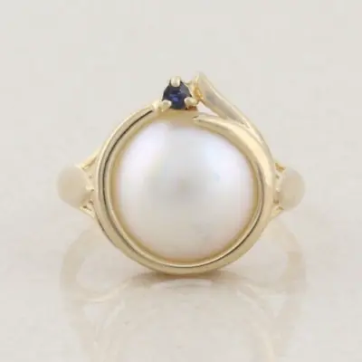 14k Yellow Gold Mabe Pearl And Sapphire Ring Size 8 • $424.15