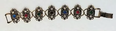 Wide Jewel Tone Rhinestone Link Bracelet Ornate Scrolling Design Vintage Jewelry • $7.18