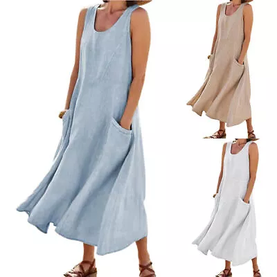 $28.49 • Buy Women Holiday Cotton Linen Loose Tunic Dress Long Sleeveless Maxi Pocket Dress