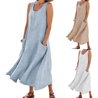 $28.49 • Buy Women Holiday Cotton Linen Loose Tunic Dress Long Sleeveless Maxi Pocket Dress