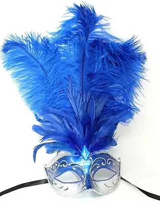 Ladies Blue & White Feather Venetian Masquerade Ball Carnival Party Eye Mask • £16.95