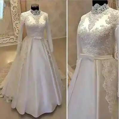 Muslim Satin Wedding Dresses Lace High Neck Long Sleeves A-line Bridal Gowns • $148.30