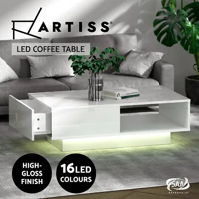 Artiss Coffee Table LED Lights High Gloss Storage Drawer Modern Furniture White • $113.95