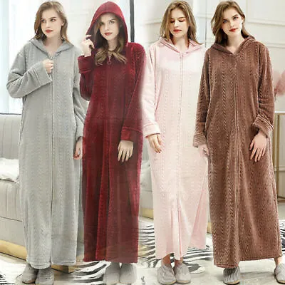 Womens Ladies Zip Dressing Gown Hooded Bath Robe Warm Soft Fleece Long Robes New • £27.59