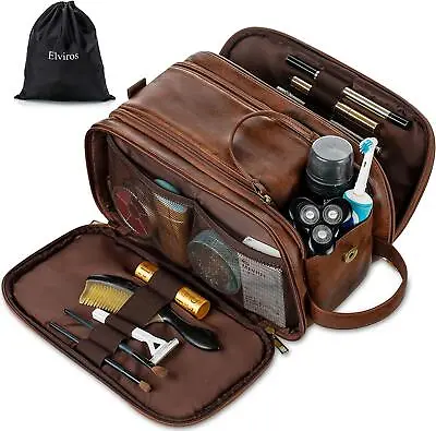 £25.99 • Buy Dark Brown Water-Resistant Leather Toiletry Bag For Men Large Travel Wash Bag