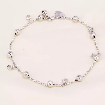 9ct 9k White Gold Plated Hearts Beads ANKLE CHAIN Bell ANKLET Adjusts 10.6  568 • £7.99