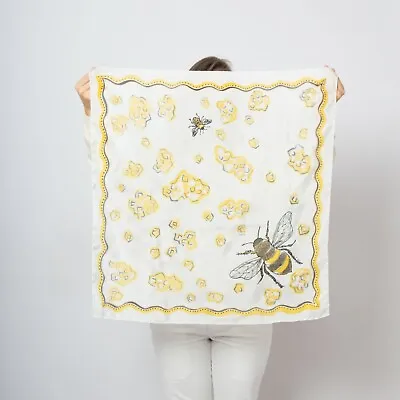 Hand Painted Silk Scarf Bee Bandana Summer Scarf Square Scarf White Scarf  • $45