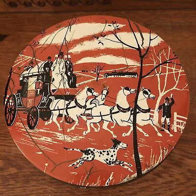 Vintage Christmas Cookie Fruitcake Round Red/Black/White Tin Horse & Carriage • $20