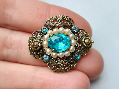 Small Vintage Czech Art Deco Filigree Brooch / Lace Pin With Aqua Blue Glass • £6.50