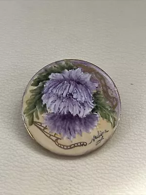 Vintage Estate Hand Painted Porcelain Pin Brooch Purple Flowers Signed NADINE • $24