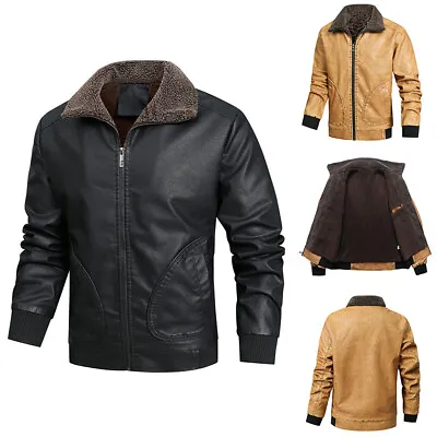 Men's PU Leather Fur Lined Thick Coat Cowboy Jacket Zip Up Winter Warm Overcoat • $57.59