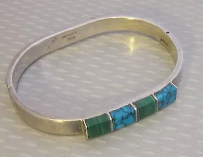 Vintage Mexico 925 Sterling Silver Hinged Bangle Turquoise Malachite Inlay Stone • $69.95