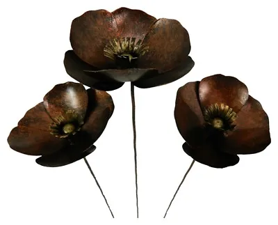 Metal Poppy Flower Garden Ornament Set Of 3 Poppies On 100cm Stick - BRONZE • £29.99