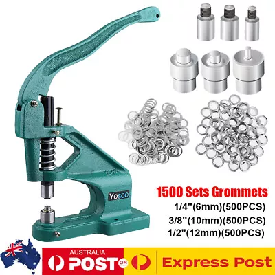 Hand Press Grommet Eyelet Hole Punch Machine W/ 3 Dies & 1500 Grommets 6/10/12mm • $51.89