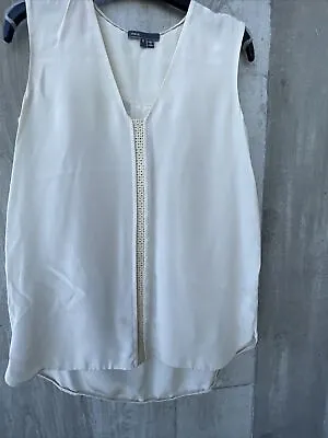 Vince Womens V Neck Leather Trim Sleeveless Silk Blouse Top Beige Size Small • $15.97