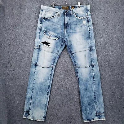 Akoo Brand Jeans Mens 36x33 Blue Acid Wash Straight Leg Moto Distressed Denim • $49.99
