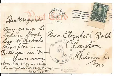 1907 - Detroit Michigan Postcard- Steamer Britannia - To Clayton MO (DPO) • $5.25