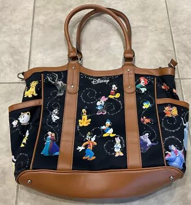 Disney Tote Bag Purse 15” X 12” Brown & Black Mickey Mouse & Friends Princesses • $44.95