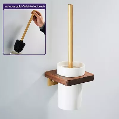 Abloh Luxury Toilet Brush Holder And Ceramic Bowl Wooden Walnut & Gold • £10.99